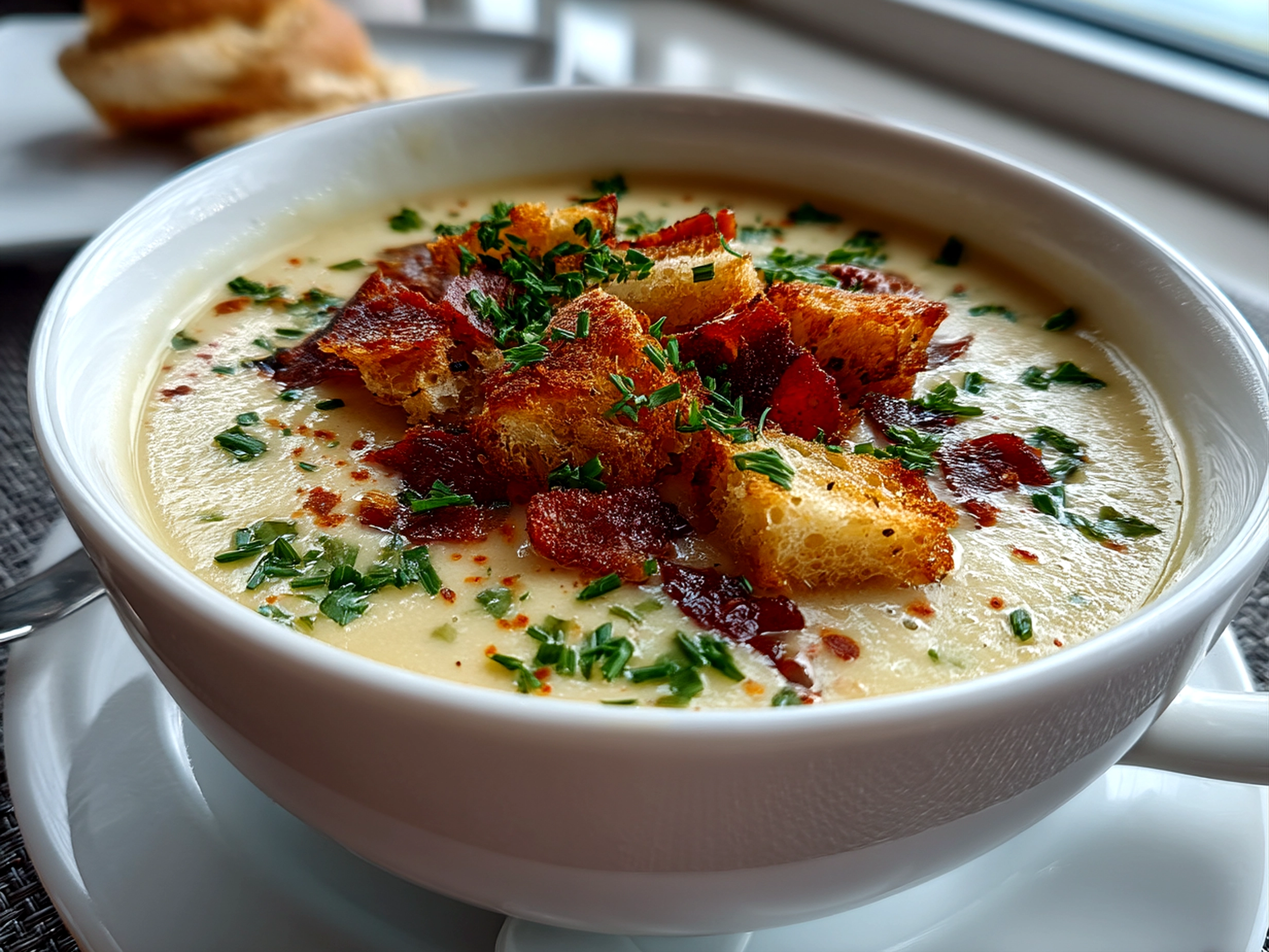 Close-up of finished creamy Potato Soup served in a bowl, garnished with herbs