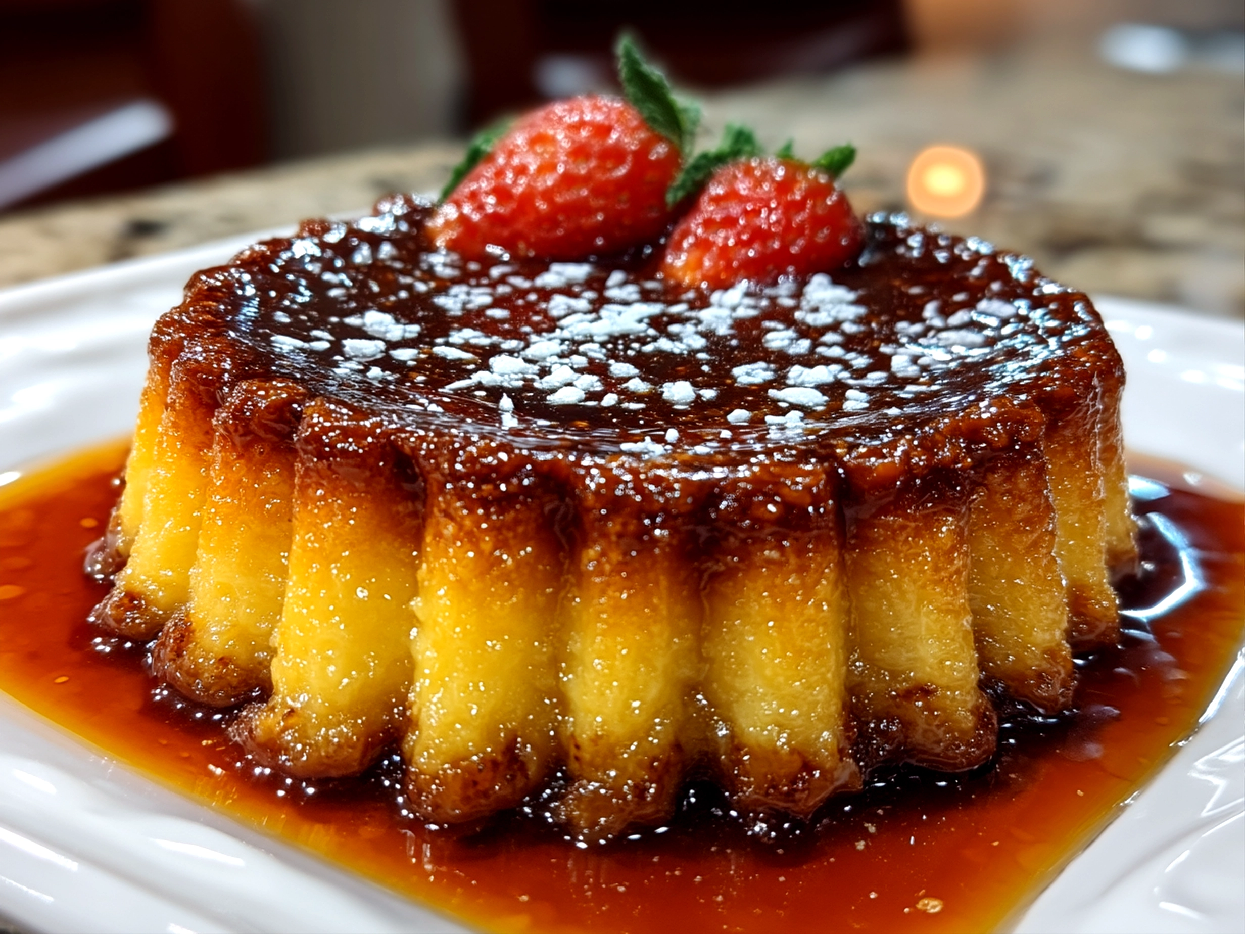 Finished French Chocolate Flan close-up with fresh garnish