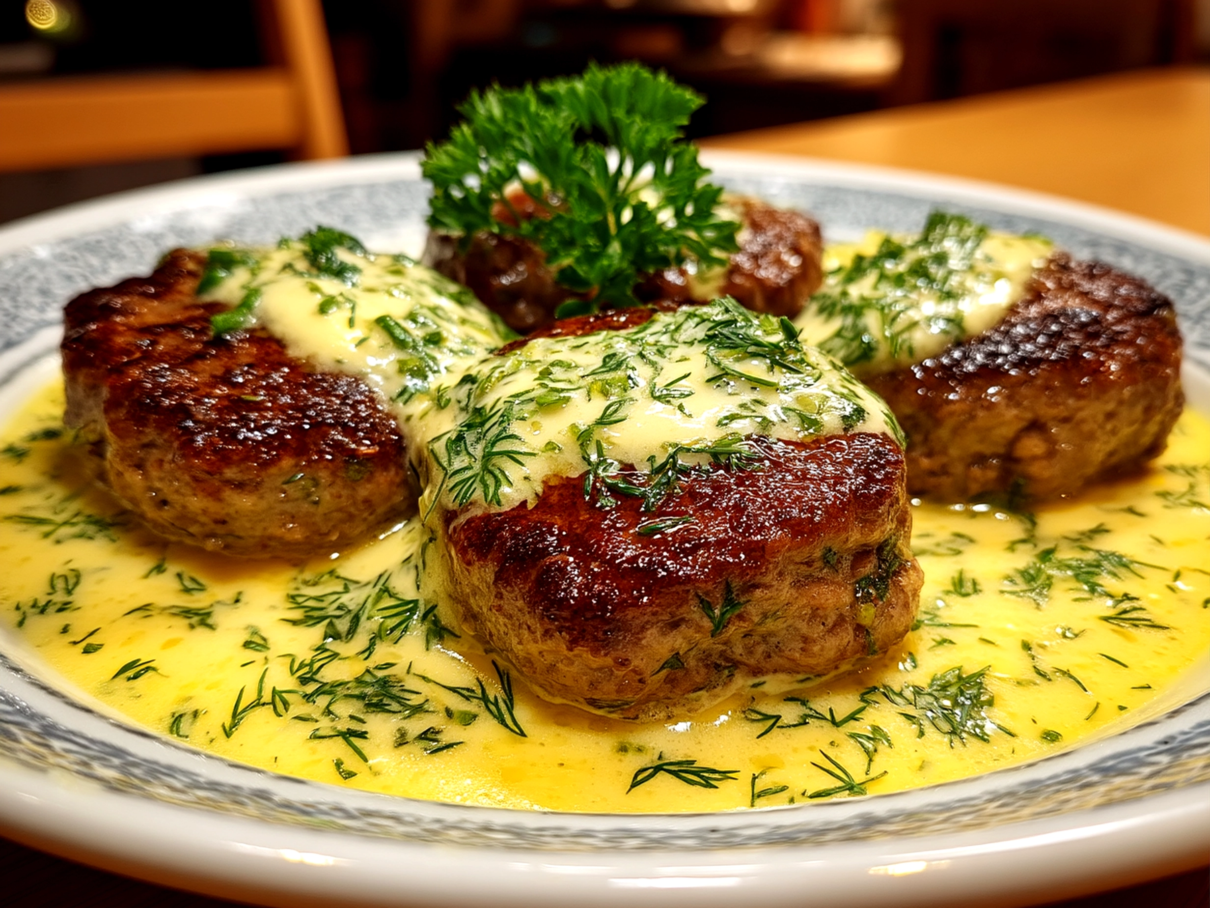 Close-up of Hamburger Steaks in Creamy Dill Sauce served with sides
