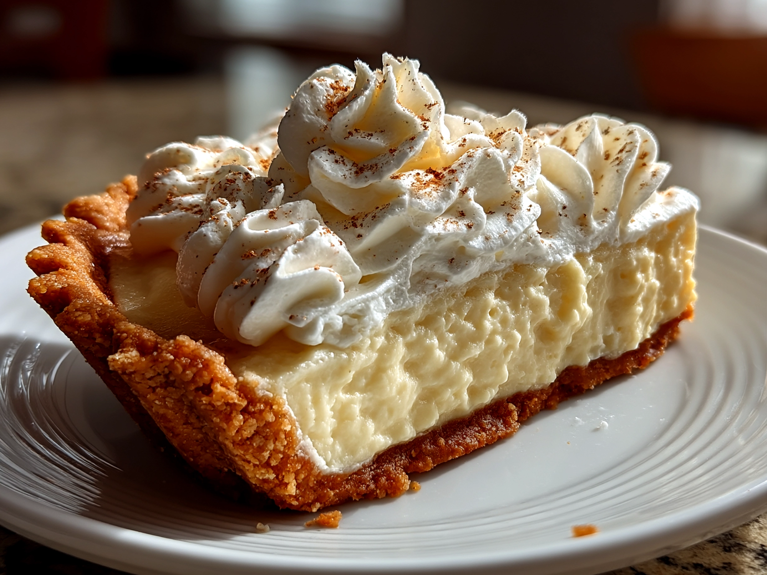 Close-up of a finished No Bake Eggnog Pie with creamy texture and nutmeg sprinkle on top