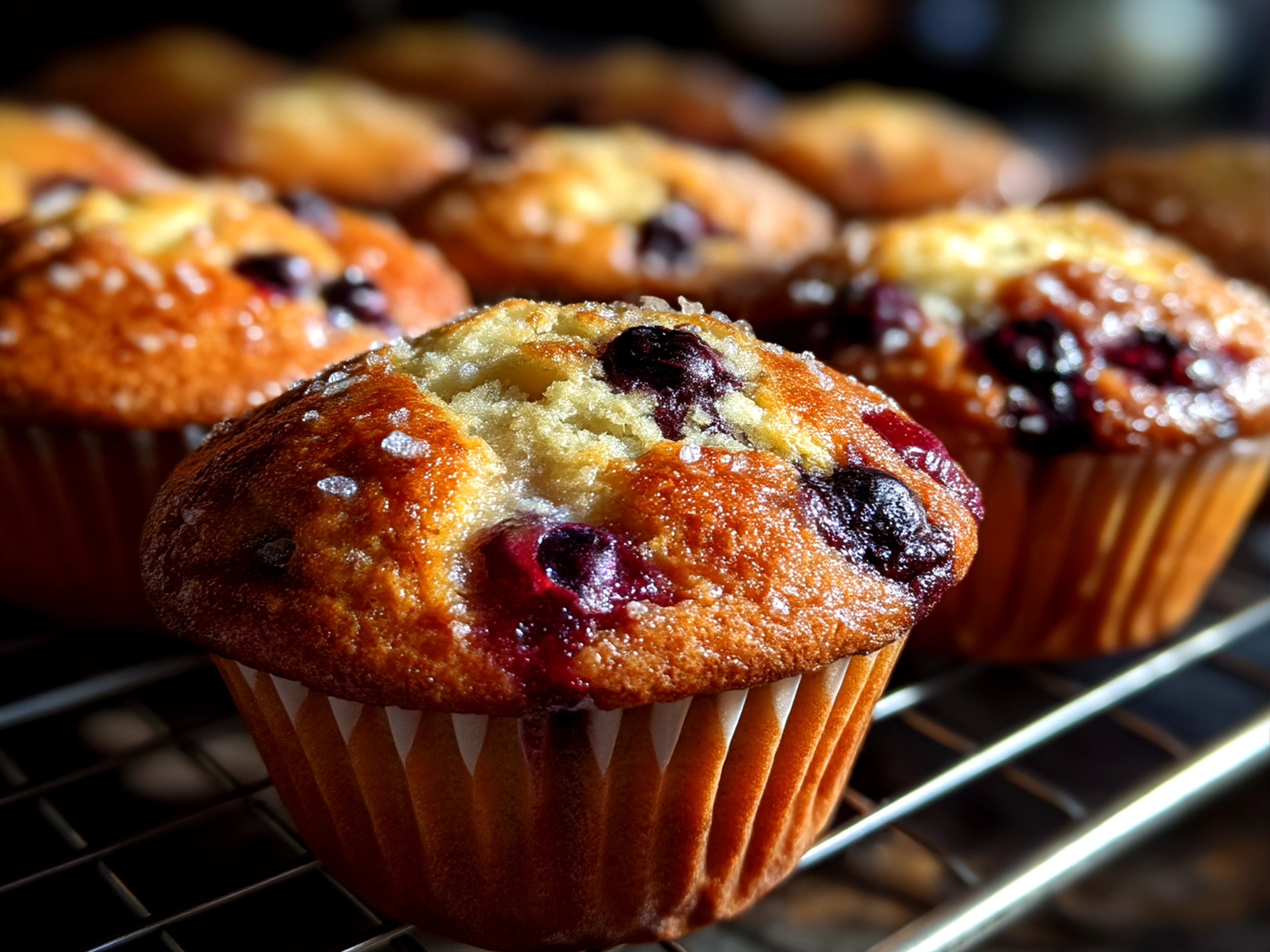 Freshly baked sourdough blueberry muffins cooling on clean countertop