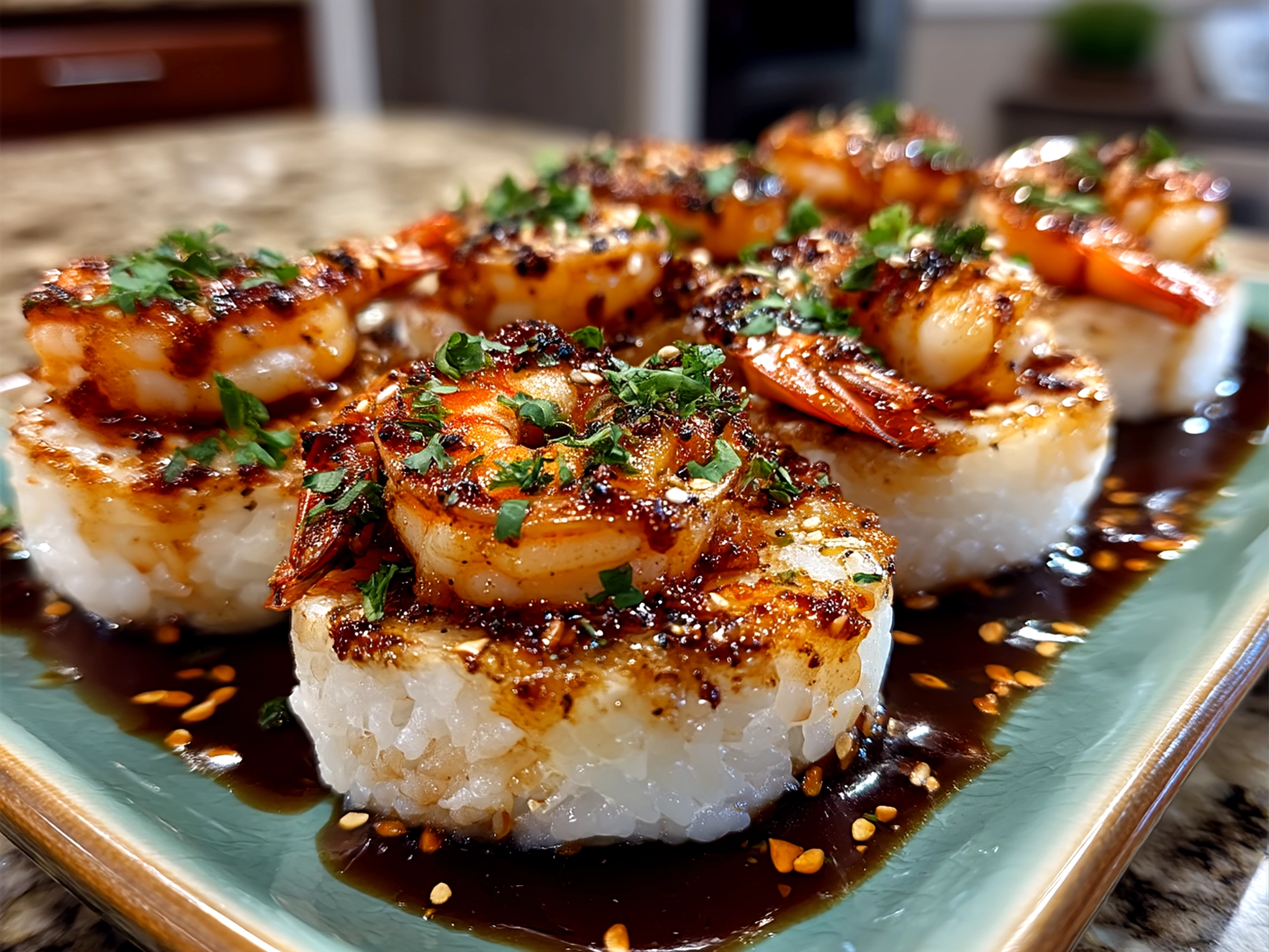 Finished Spicy Shrimp Sushi Stacks with sauce drizzle served on plate