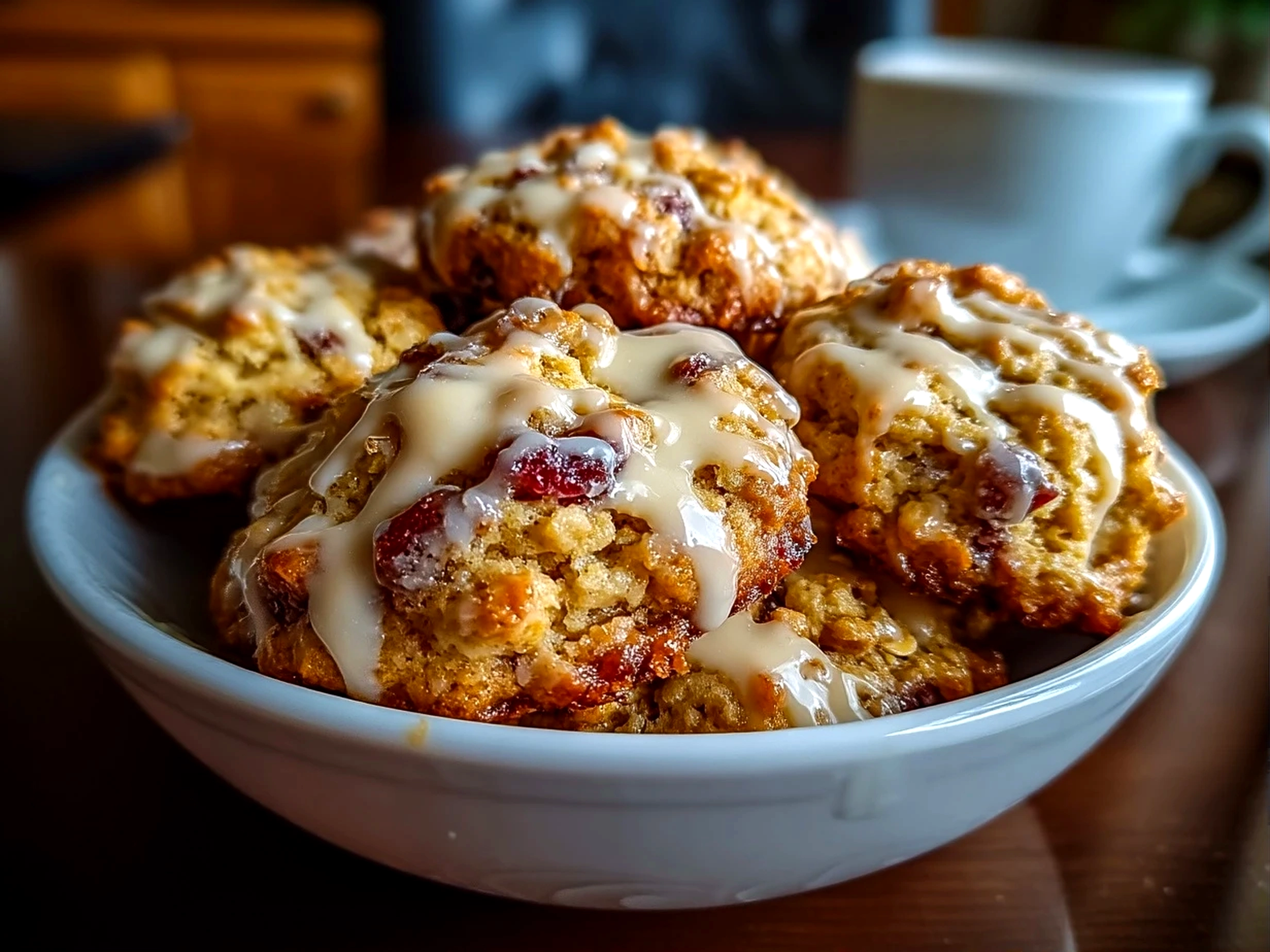 Close-up of finished Valentine Cookies Oatmeal Bowl topped with heart-shaped cookies, fresh berries, and nuts