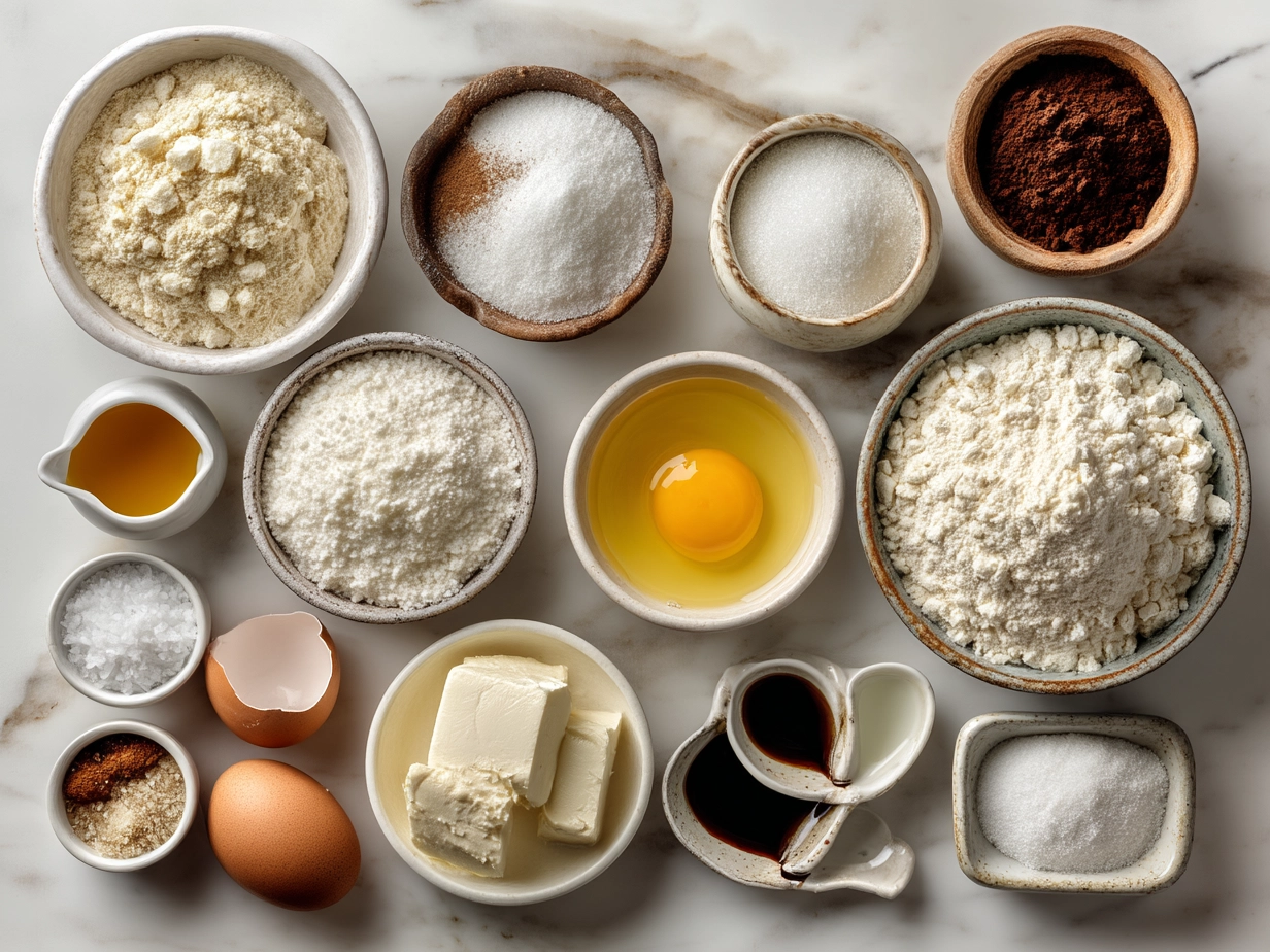 Ingredients for Flourless Yogurt Cake including almond flour, Greek yogurt, eggs, honey, lemon zest, baking soda, and sea salt