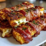 Food blogger, taken with iPhone 16 Pro. Close-up slight angle of homemade bacon wrapped grilled cheese fingers on white plate. Fresh vibrant --ar 4:3 --style raw --s 240