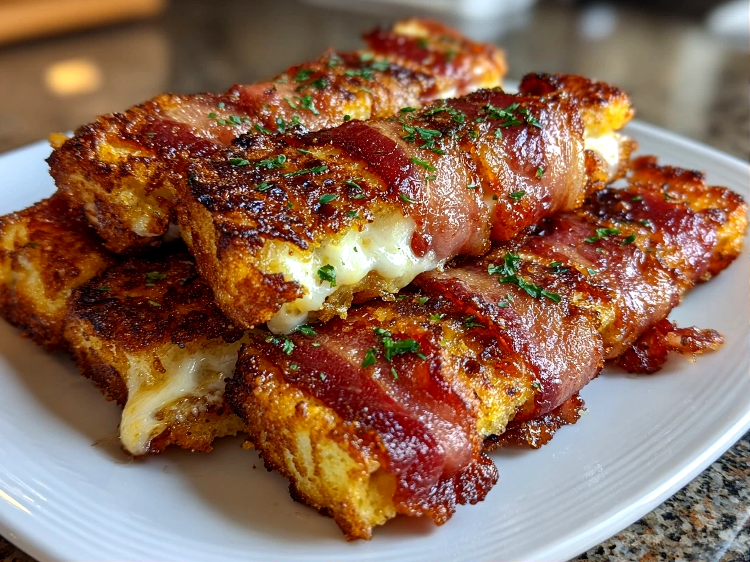 Food blogger, taken with iPhone 16 Pro. Close-up slight angle of homemade bacon wrapped grilled cheese fingers on white plate. Fresh vibrant --ar 4:3 --style raw --s 240