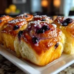 Freshly baked blueberry lemon sourdough sweet rolls on white plate