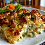 Freshly baked cheesy dumpling casserole close-up