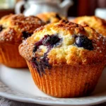 Freshly baked sourdough blueberry muffins on modern kitchen counter