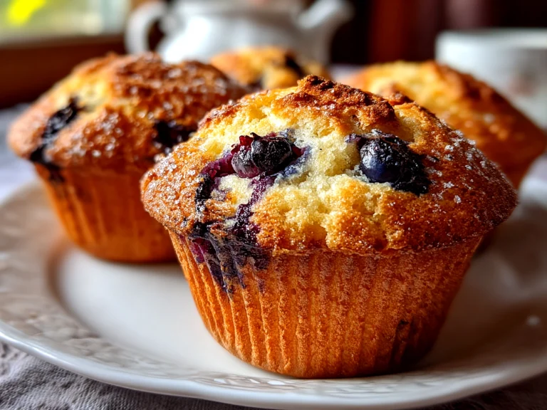 Freshly baked sourdough blueberry muffins on modern kitchen counter
