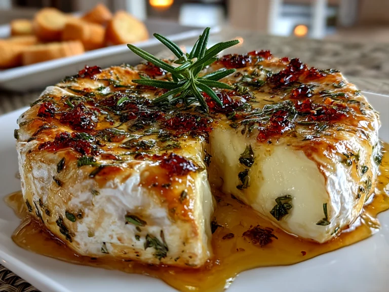 Freshly prepared Baked Brie With Garlic And Herbs on white plate