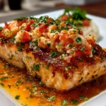 Freshly prepared crab and shrimp stuffed salmon on white plate