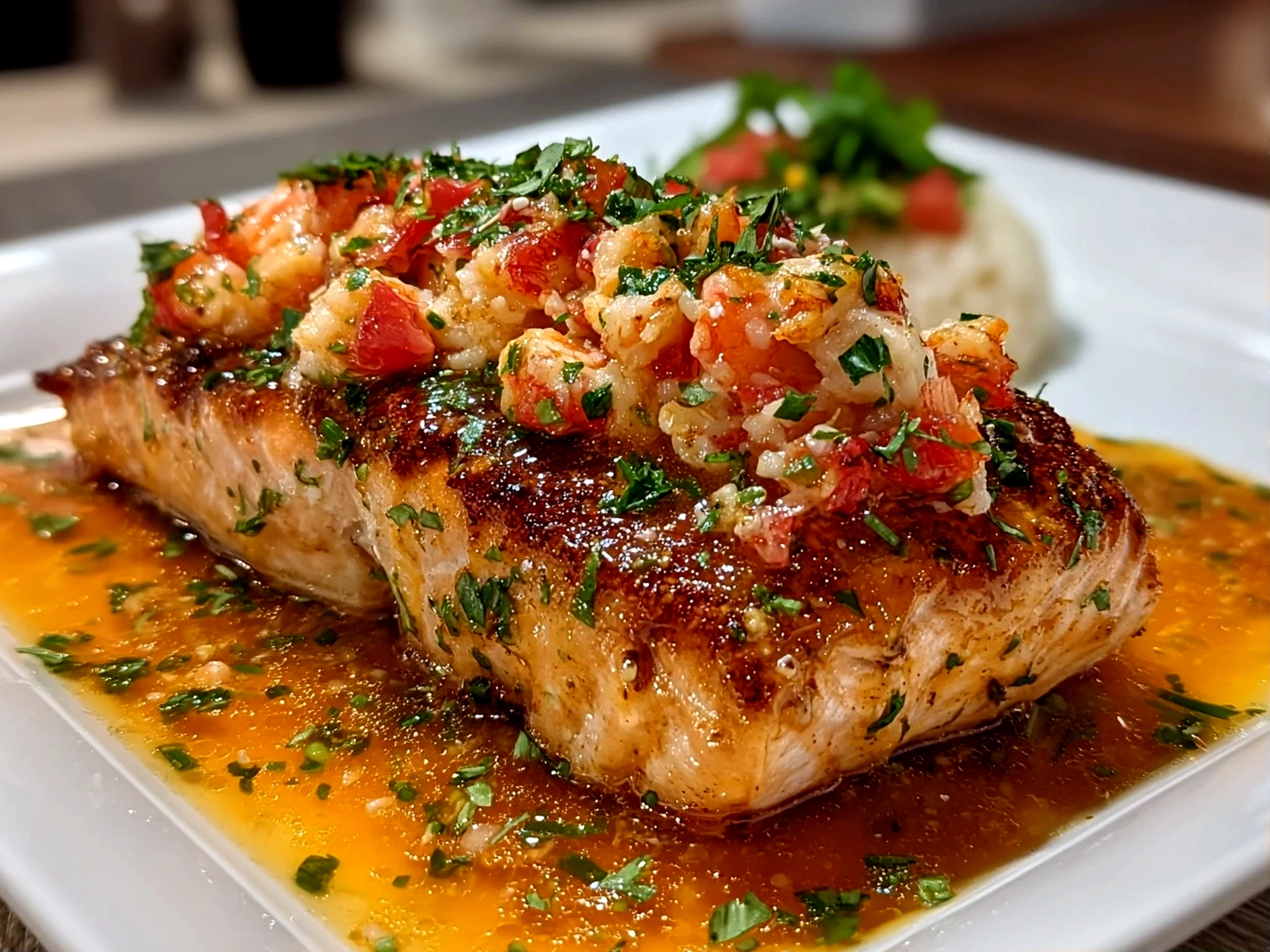 Freshly prepared crab and shrimp stuffed salmon on white plate