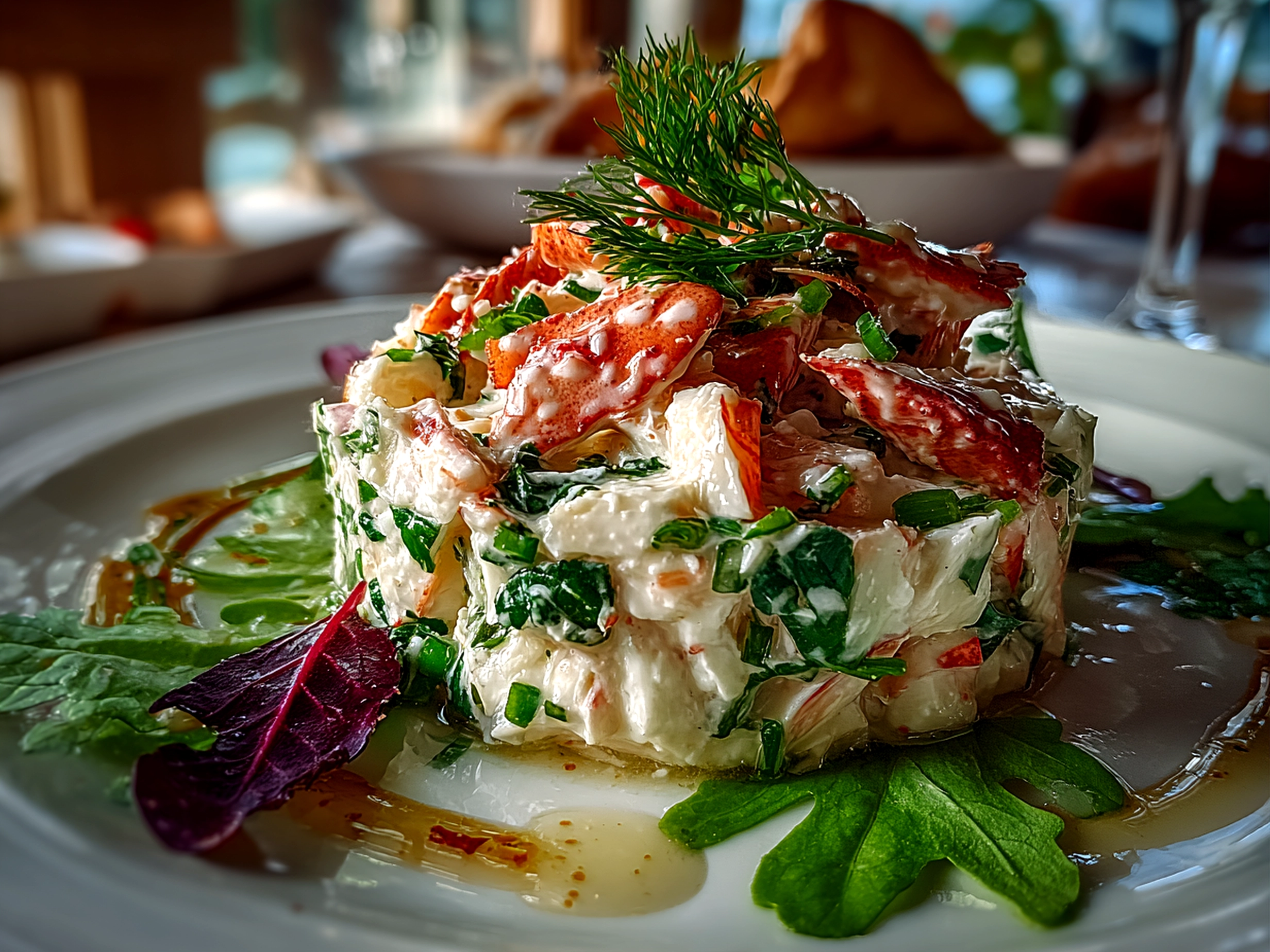 Freshly prepared crab salad on white plate