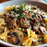 Freshly prepared Ground Beef Stroganoff close-up