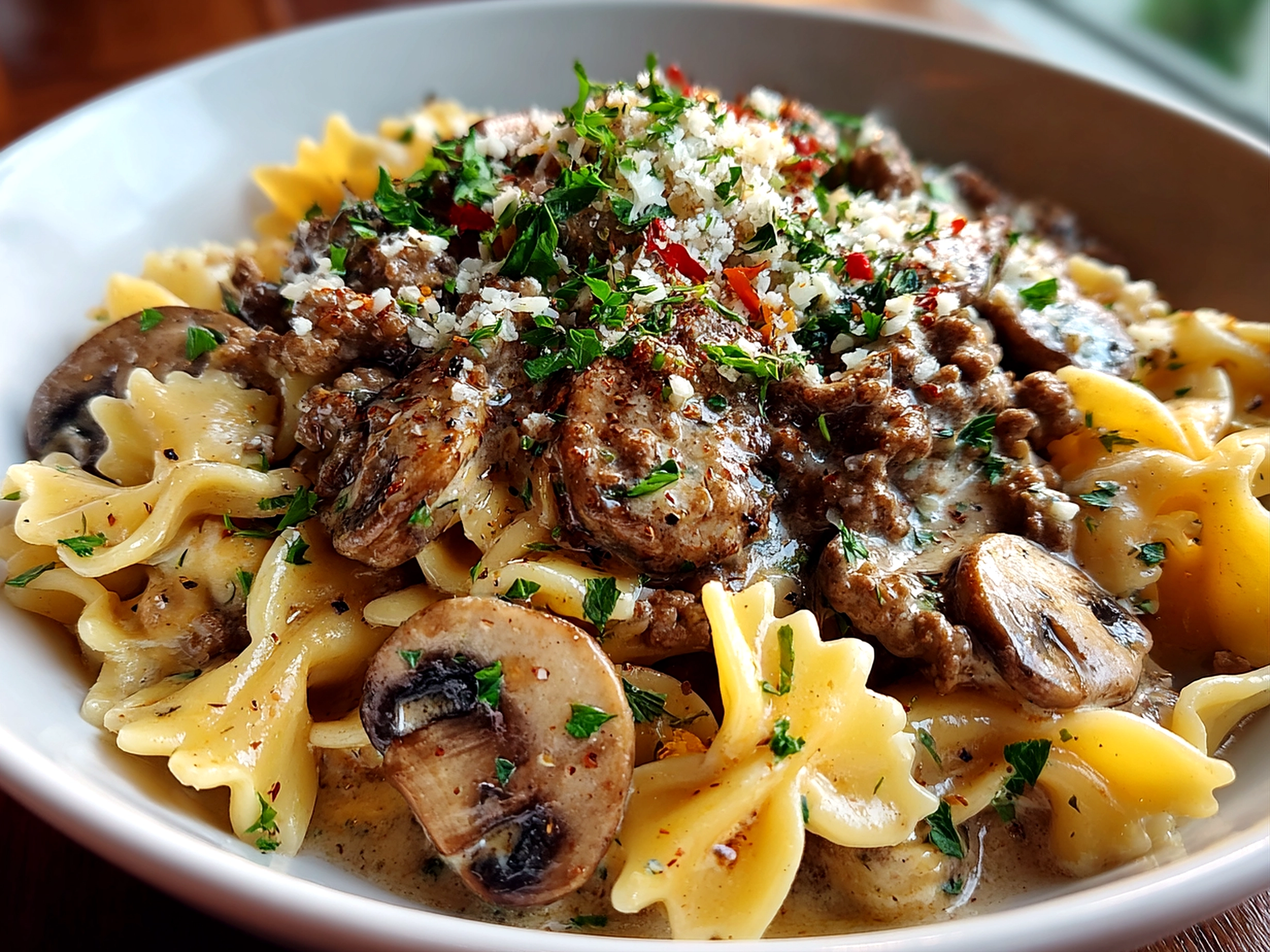 Freshly prepared Ground Beef Stroganoff close-up