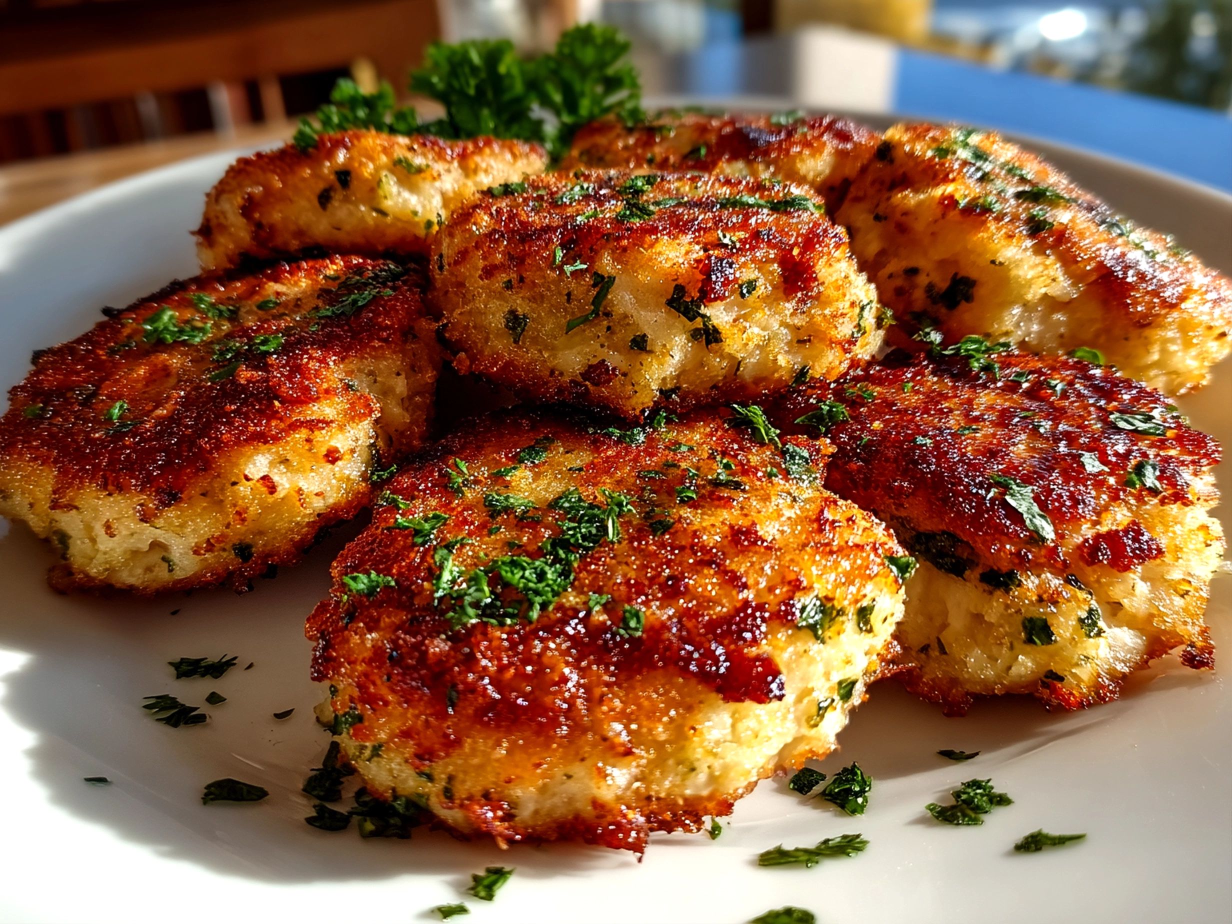 Freshly prepared salmon croquettes on white plate