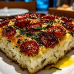 Freshly prepared sourdough discard focaccia pizza close-up