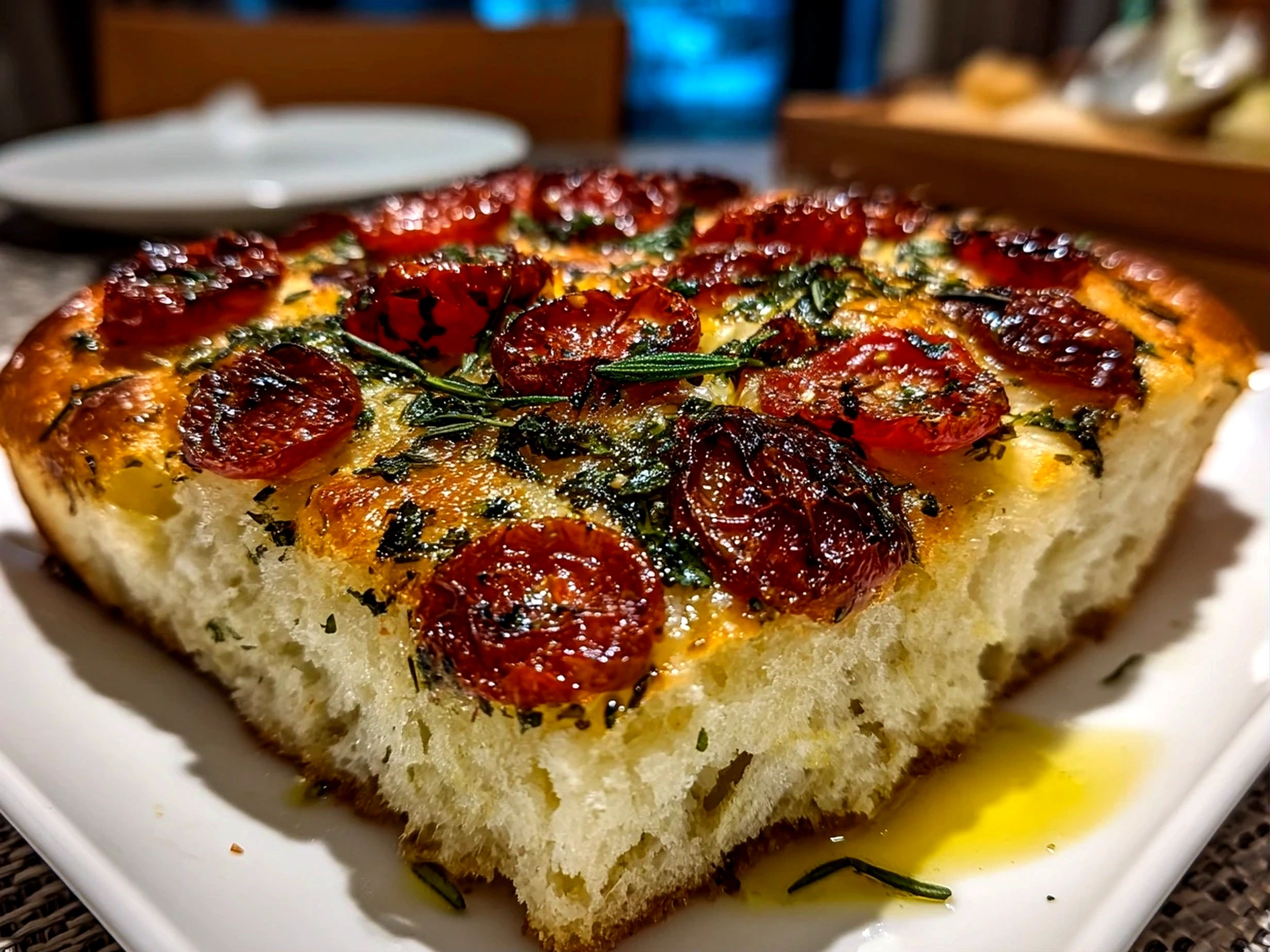Freshly prepared sourdough discard focaccia pizza close-up