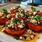 Freshly prepared Sweet Potato Rounds with Honey Feta Crumble on white plate