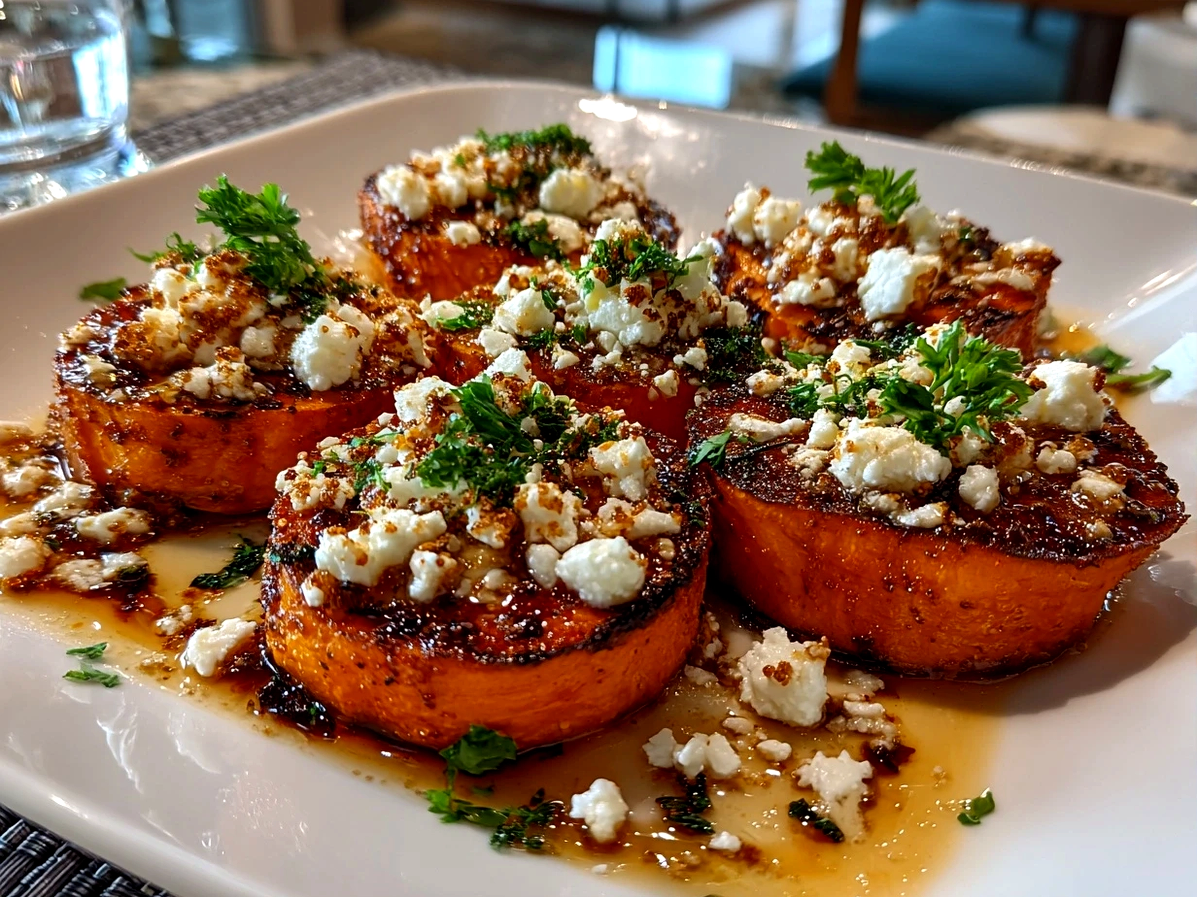 Freshly prepared Sweet Potato Rounds with Honey Feta Crumble on white plate