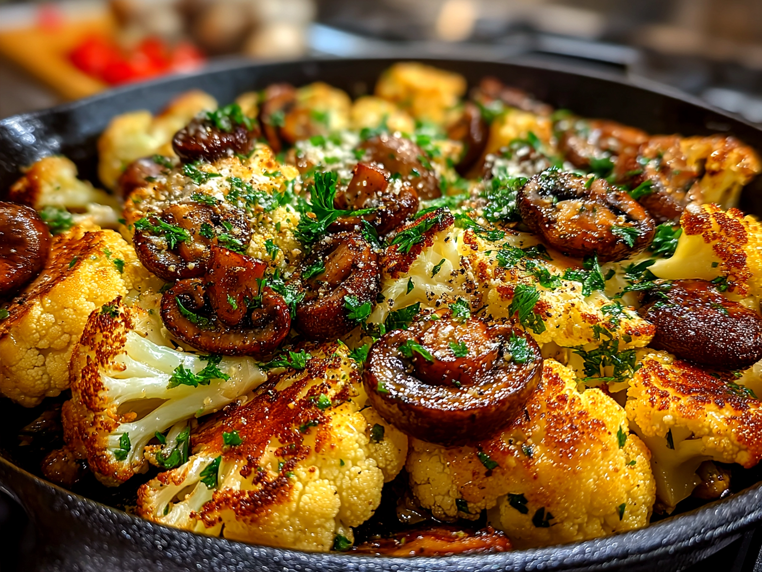Garlic Cauliflower Mushroom Skillet served in a skillet ready to eat