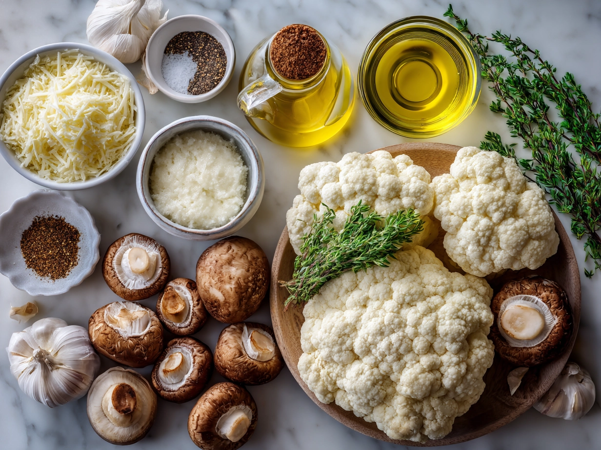 Ingredients for Garlic Cauliflower Mushroom Skillet including cauliflower, cremini mushrooms, garlic, olive oil, and smoked paprika