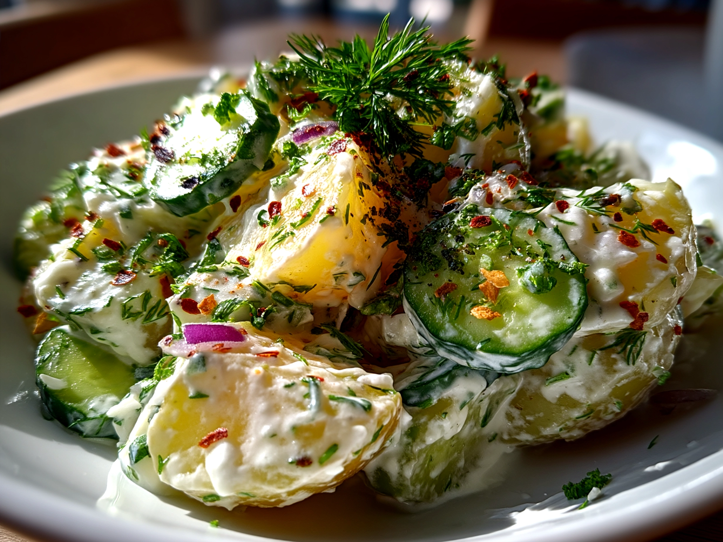 Greek Yogurt Potato Salad with Cucumbers served in a bowl with fresh dill garnish