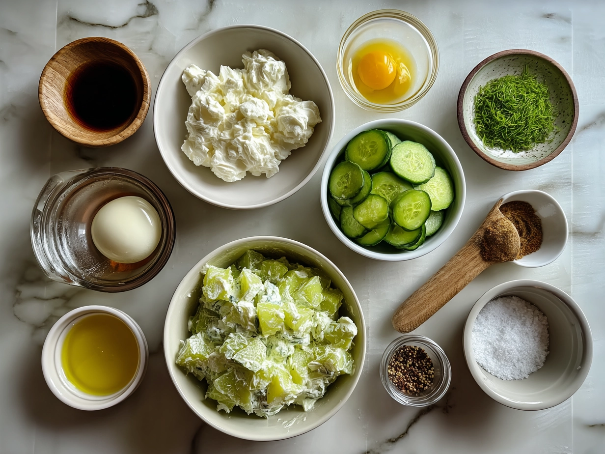 Ingredients for Greek Yogurt Potato Salad with Cucumbers laid out on a table