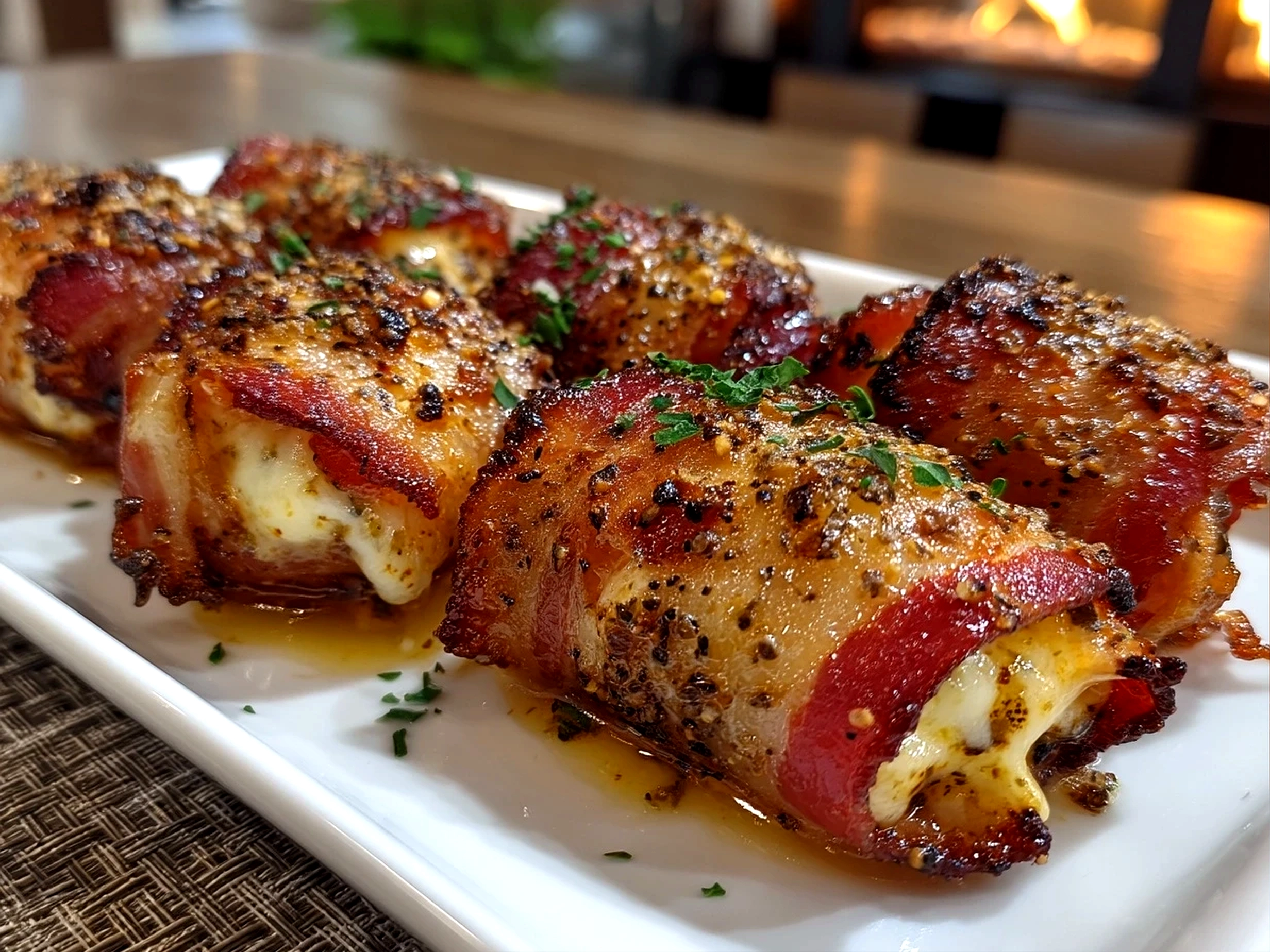 Close-up of finished delicious Bacon Wrapped Grilled Cheese Fingers on warm wooden plate, home cooked and appetizing