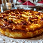 Home cook, taken with iPhone 14 Pro. Close-up slight angle of freshly prepared Crustless Bacon Cheese Quiche on white plate. Rich inviting --ar 4:3 --style raw --s 240