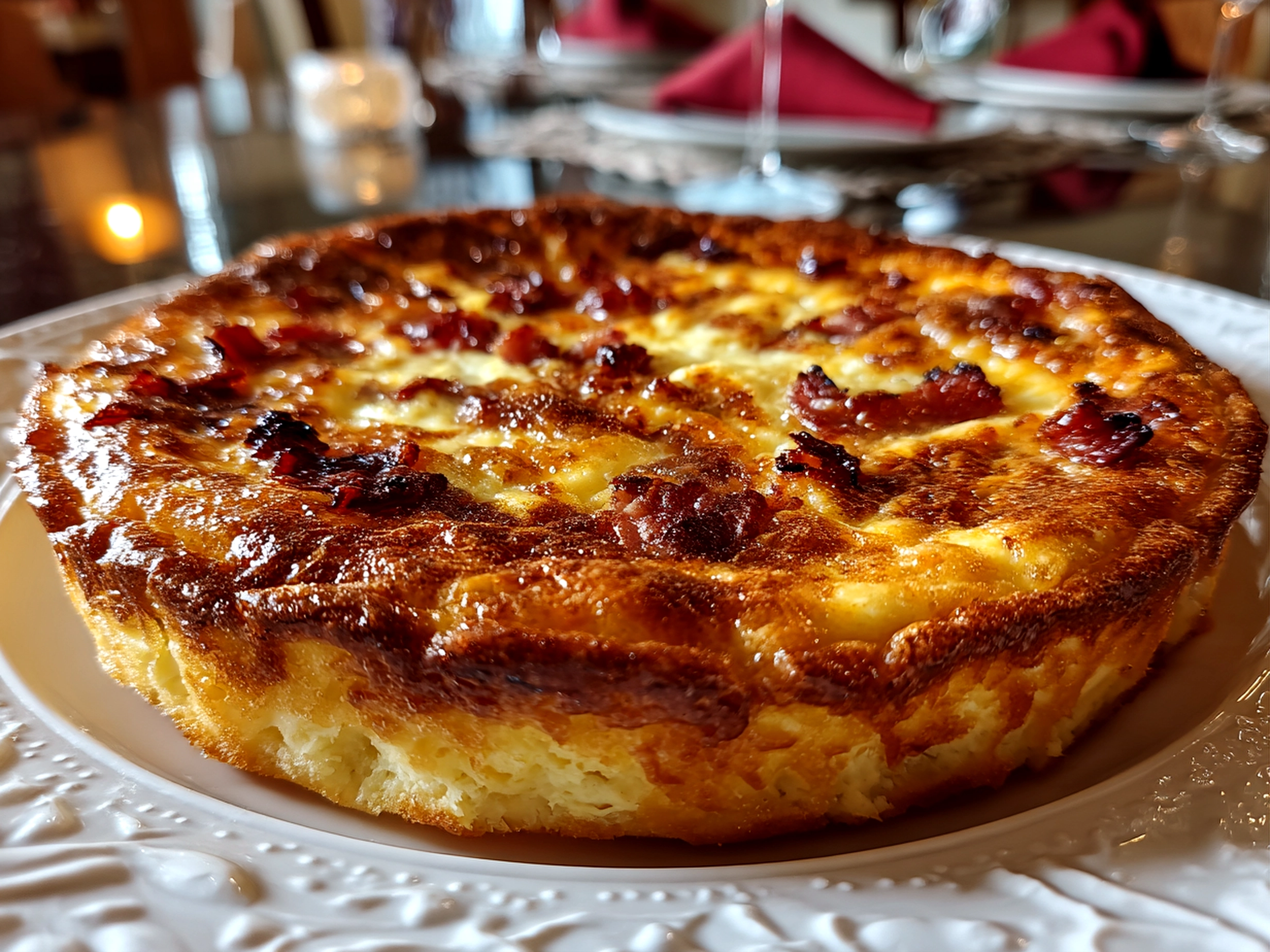 Home cook, taken with iPhone 14 Pro. Close-up slight angle of freshly prepared Crustless Bacon Cheese Quiche on white plate. Rich inviting --ar 4:3 --style raw --s 240