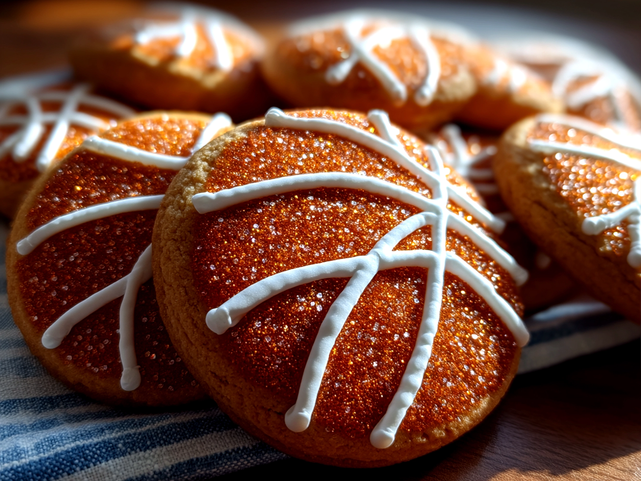 Close-up of finished homemade basketball sugar cookies on a plate, capturing the mouthwatering details