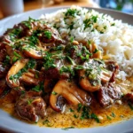 Home cook, taken with iPhone 14. Close-up slight angle of comforting Gordon Ramsay Beef Stroganoff on white plate. Rich inviting --ar 4:3 --style raw --s 230