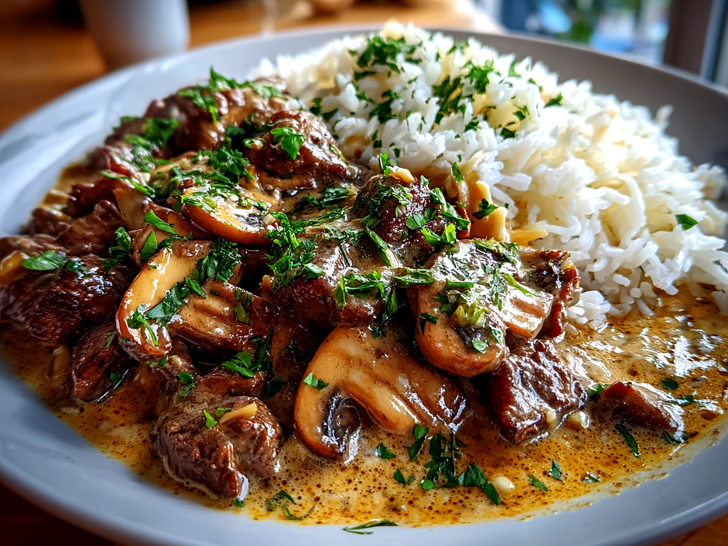 Home cook, taken with iPhone 14. Close-up slight angle of comforting Gordon Ramsay Beef Stroganoff on white plate. Rich inviting --ar 4:3 --style raw --s 230