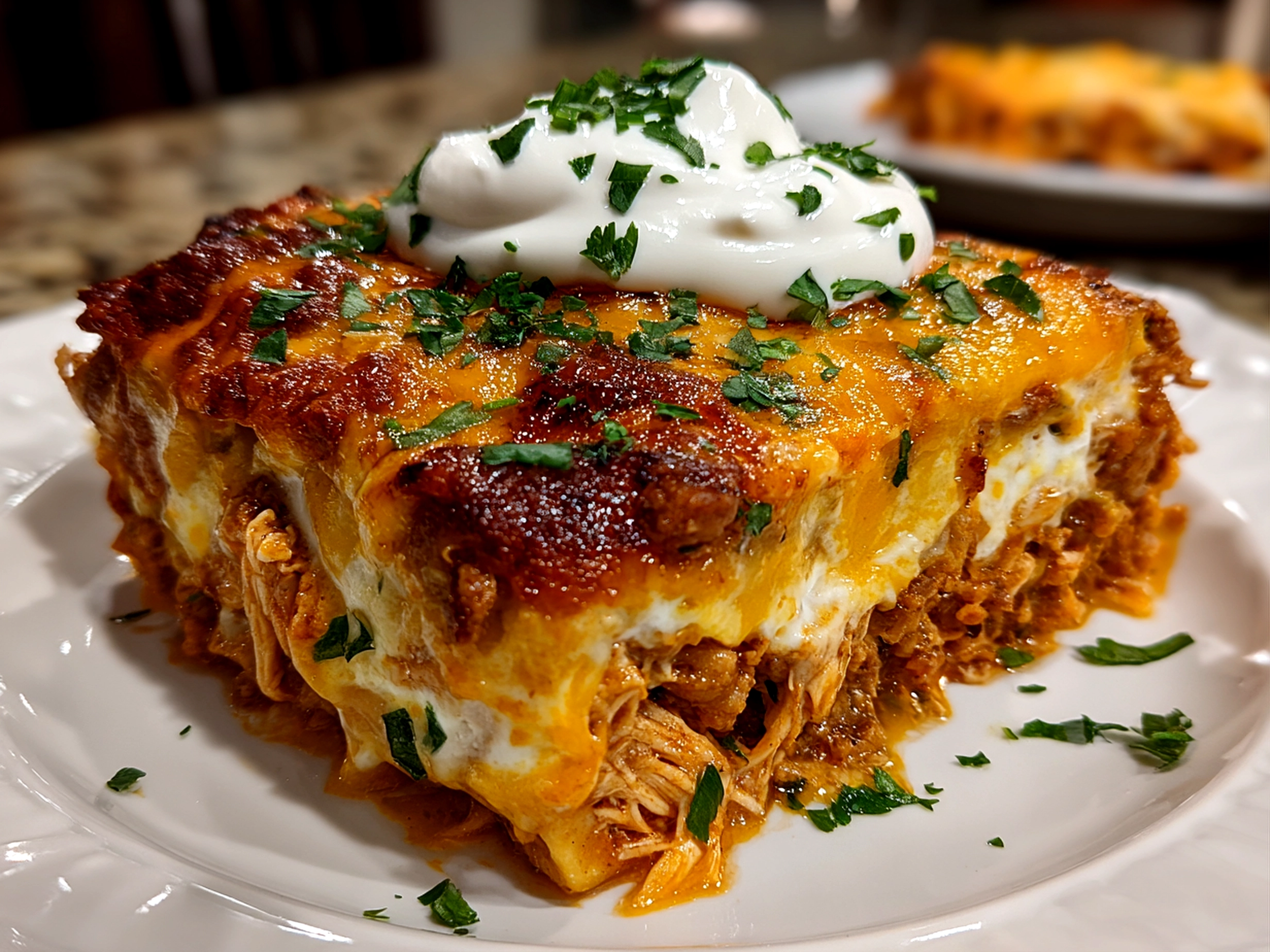 Home cook, taken with iPhone 14. Close-up slight angle of comforting shredded chicken enchilada casserole on white plate. Mouthwatering --ar 4:3 --style raw --s 220