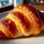 Home cook, taken with iPhone 14. Close-up slight angle of freshly prepared French Croissant on white plate. Rich inviting --ar 4:3 --style raw --s 230