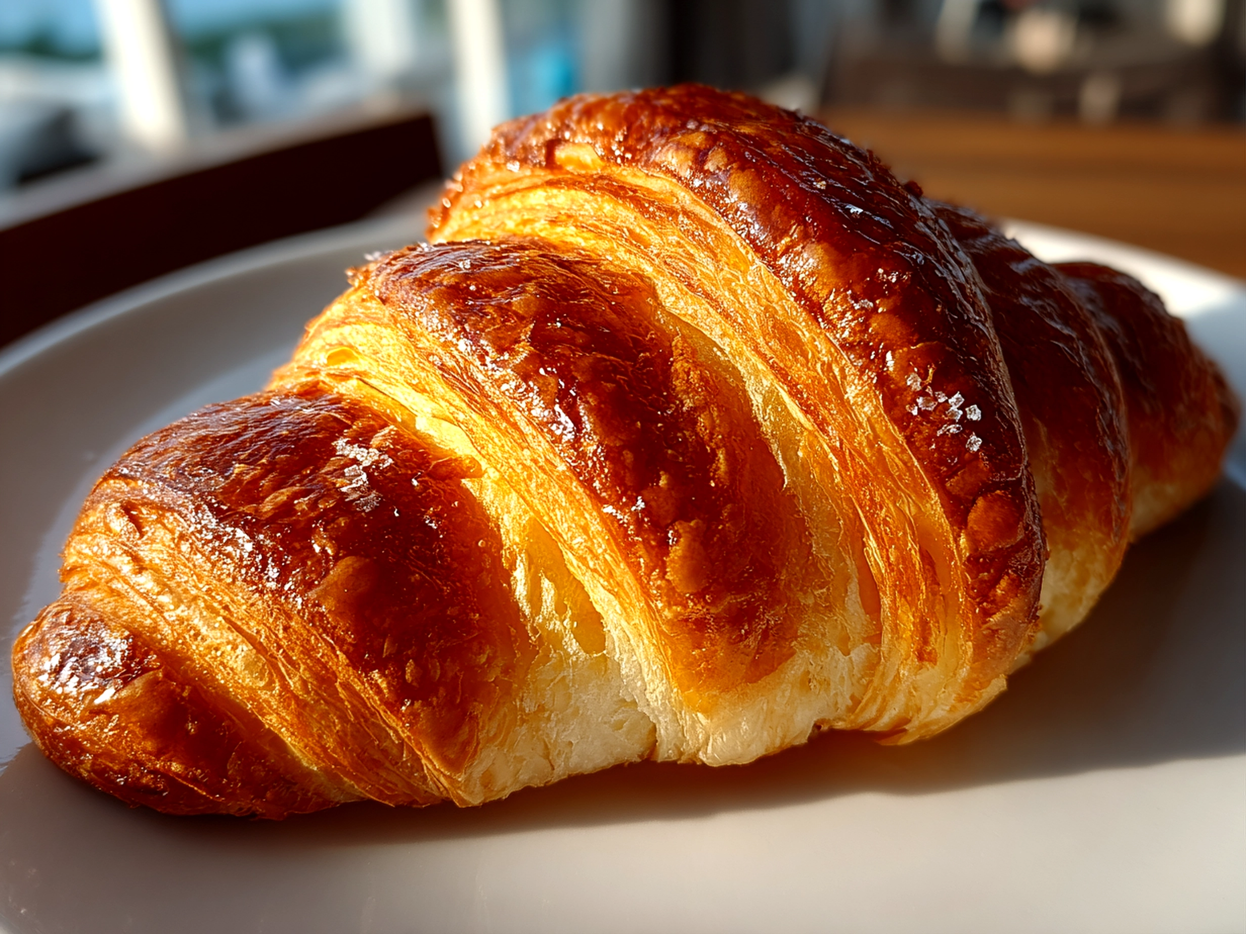 Home cook, taken with iPhone 14. Close-up slight angle of freshly prepared French Croissant on white plate. Rich inviting --ar 4:3 --style raw --s 230