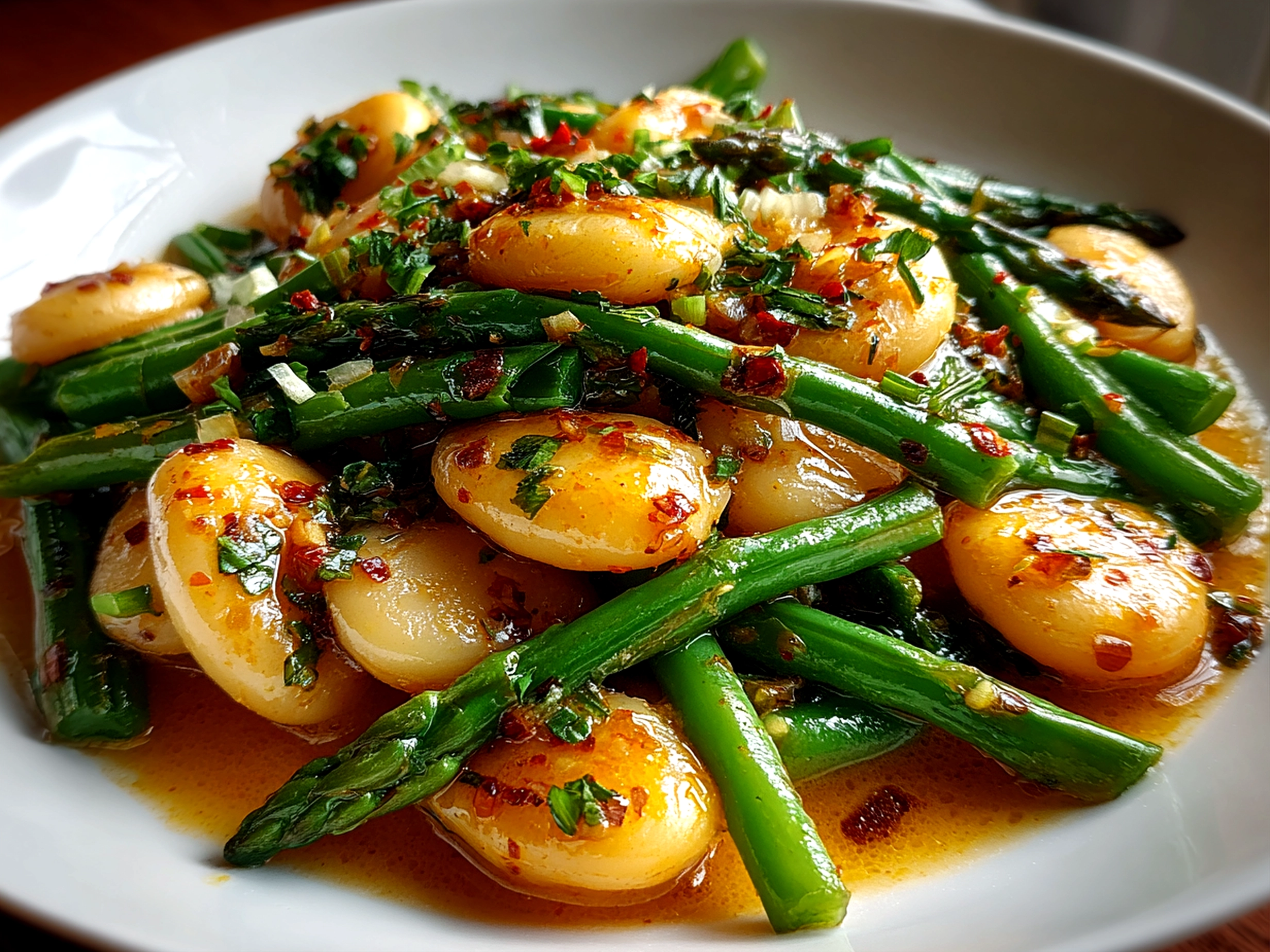 Home cook, taken with iPhone 15 Pro. Close-up slight angle of comforting creamy miso butter beans on white plate. Fresh vibrant --ar 4:3 --style raw --s 240