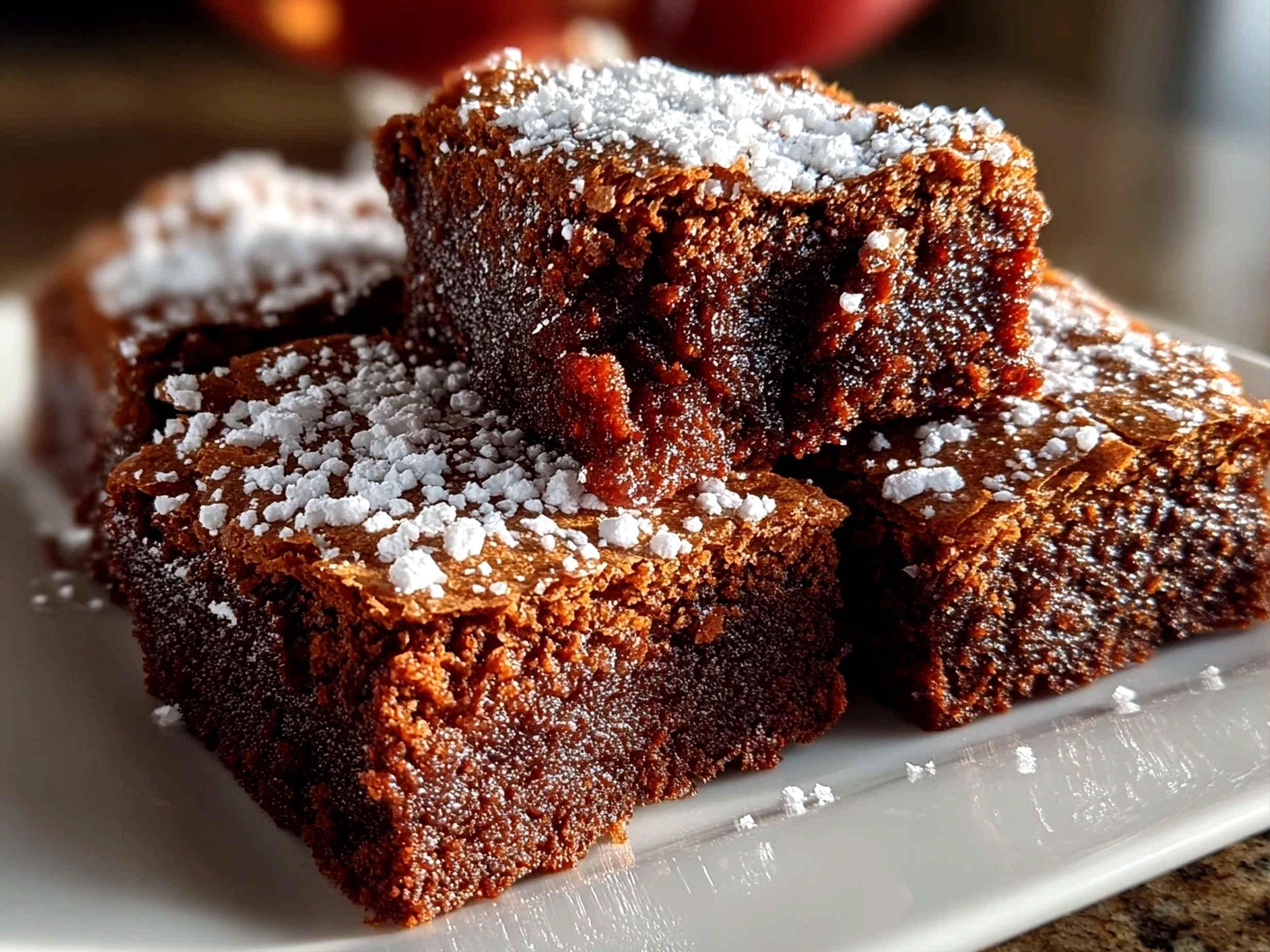 Home cook, taken with iPhone 15 Pro. Close-up slight angle of freshly prepared spiced gingerbread brownies on white plate. Rich inviting --ar 4:3 --style raw --s 230
