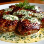 Homemade hamburger steaks in creamy dill sauce
