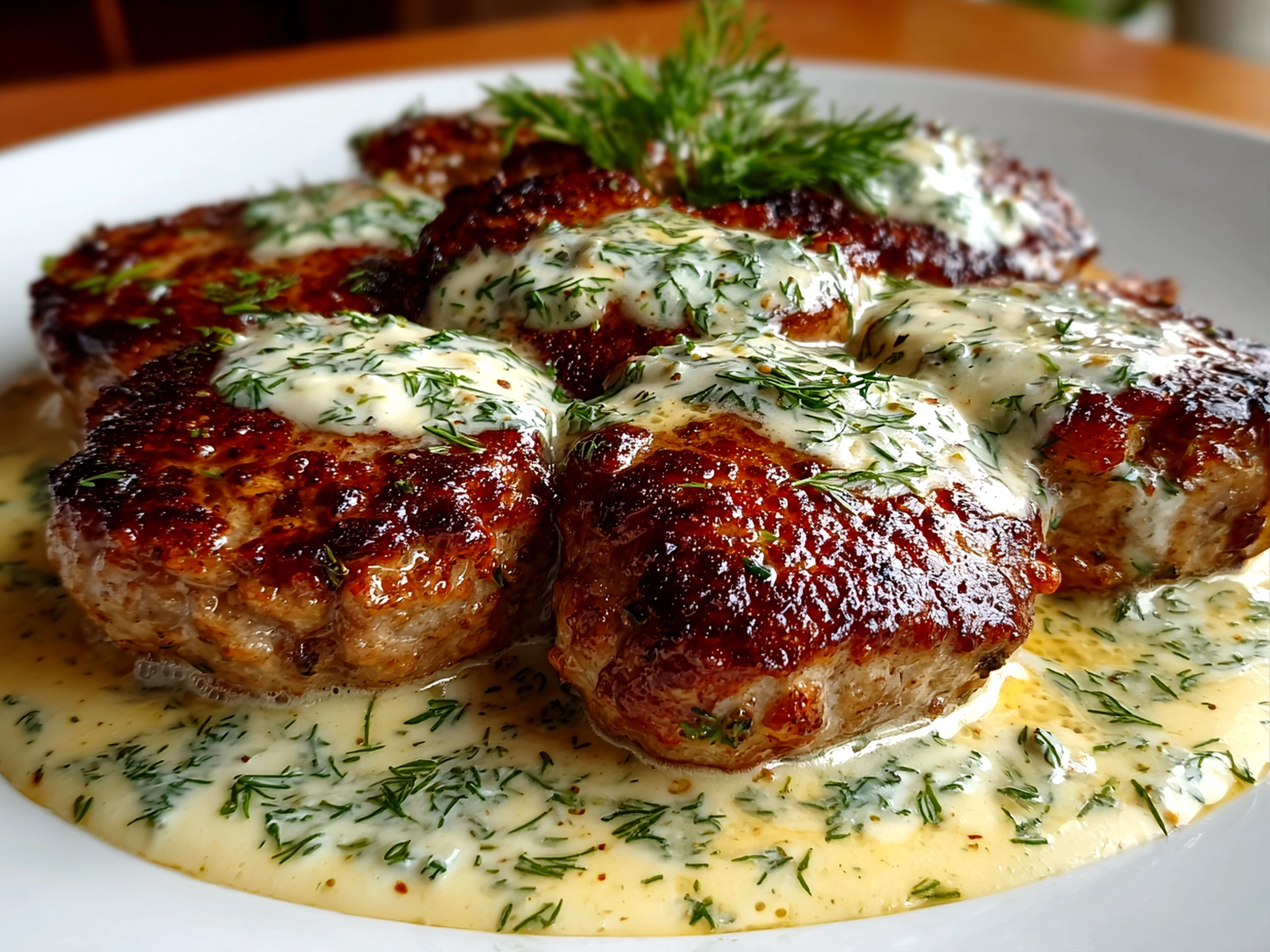 Homemade hamburger steaks in creamy dill sauce