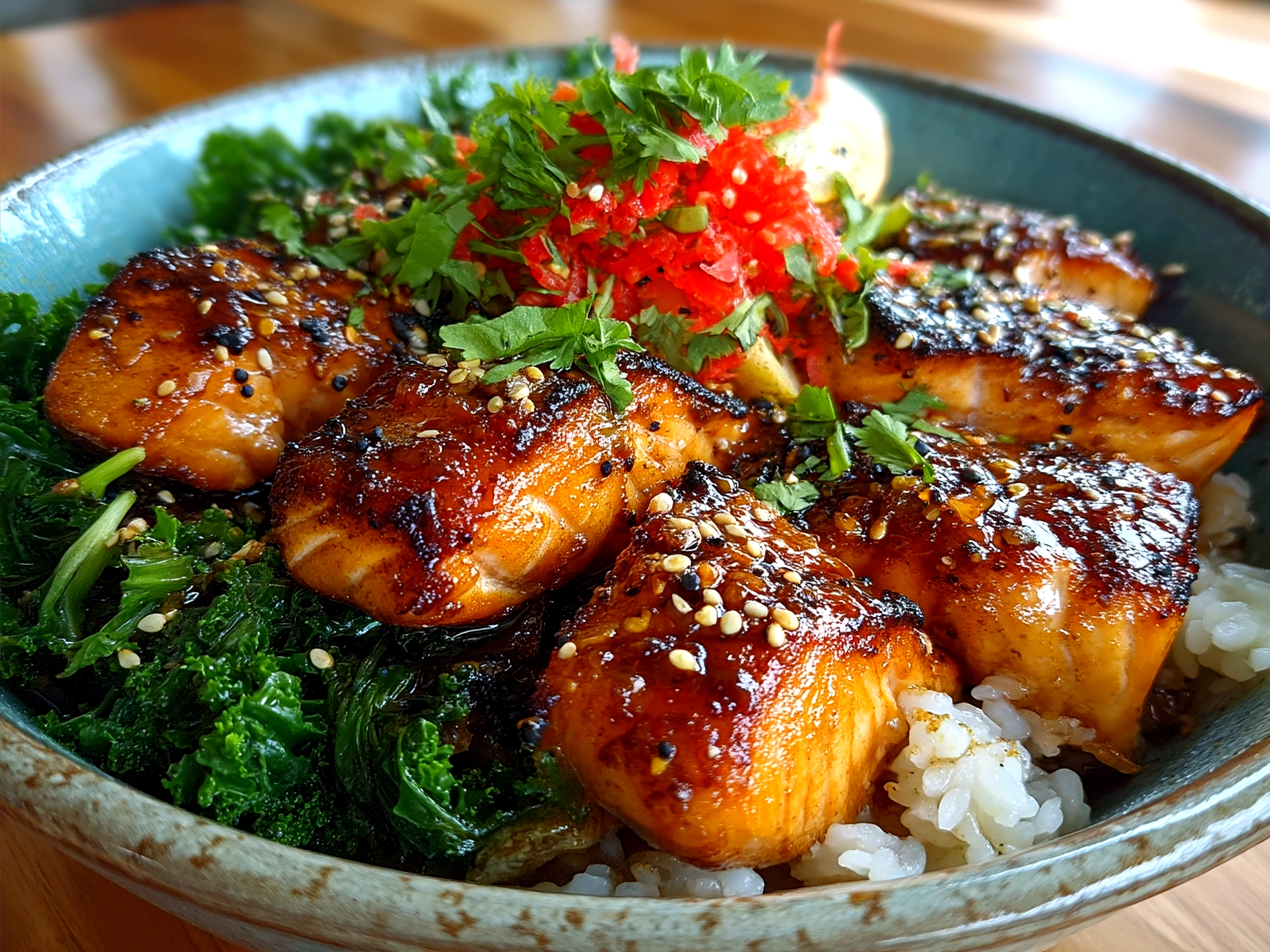 Finished Honey Glazed Salmon Bowl served with vegetables, rice, and garnishes