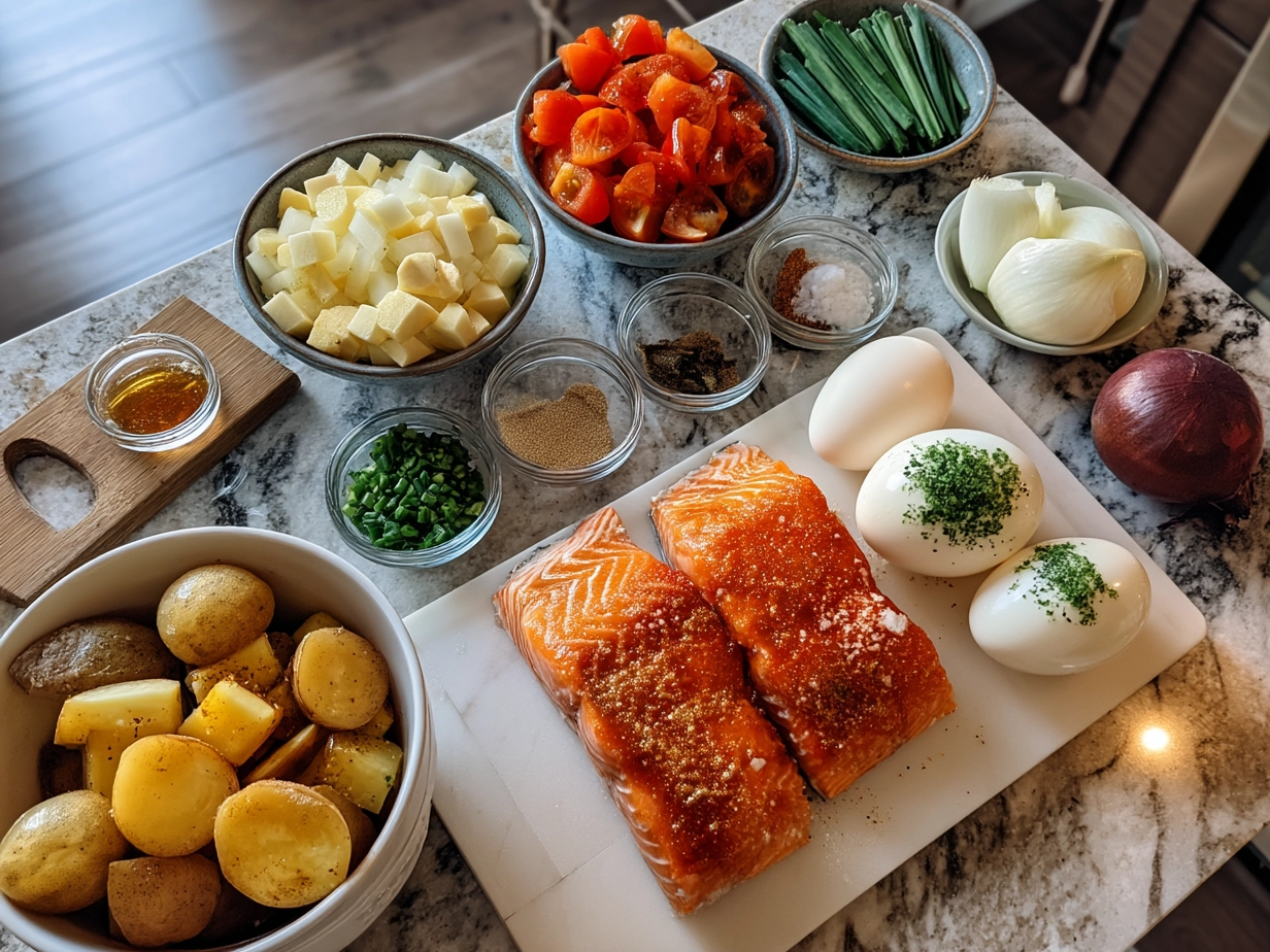 Ingredients for Honey Glazed Salmon Bowl including salmon, honey, soy sauce, rice vinegar, ginger, garlic, rice, mixed vegetables, sesame seeds, and green onions