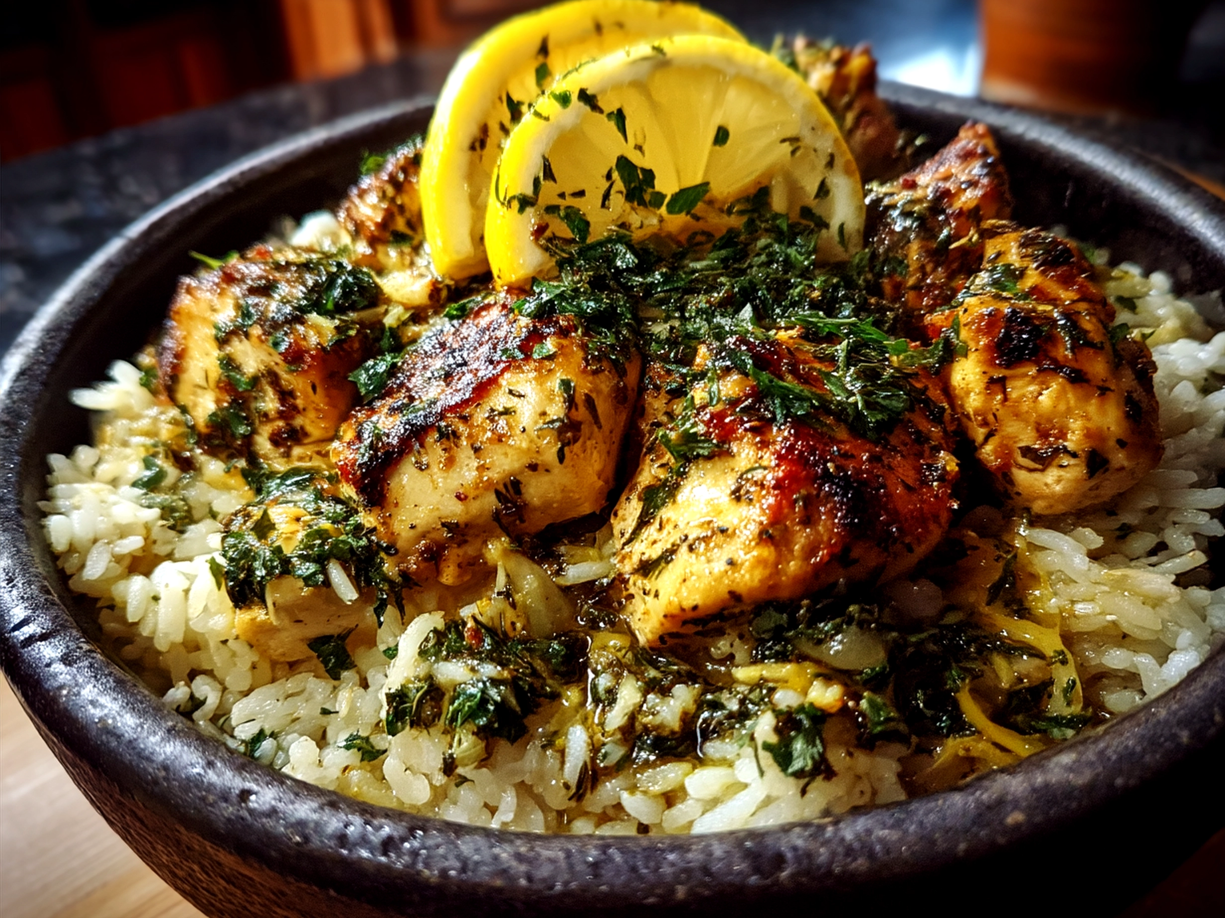 Served Lemon-Herb Chicken Nourish Bowl with fresh veggies and grains