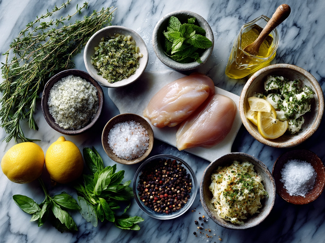 Ingredients for Lemon-Herb Chicken Nourish Bowl on a wooden table