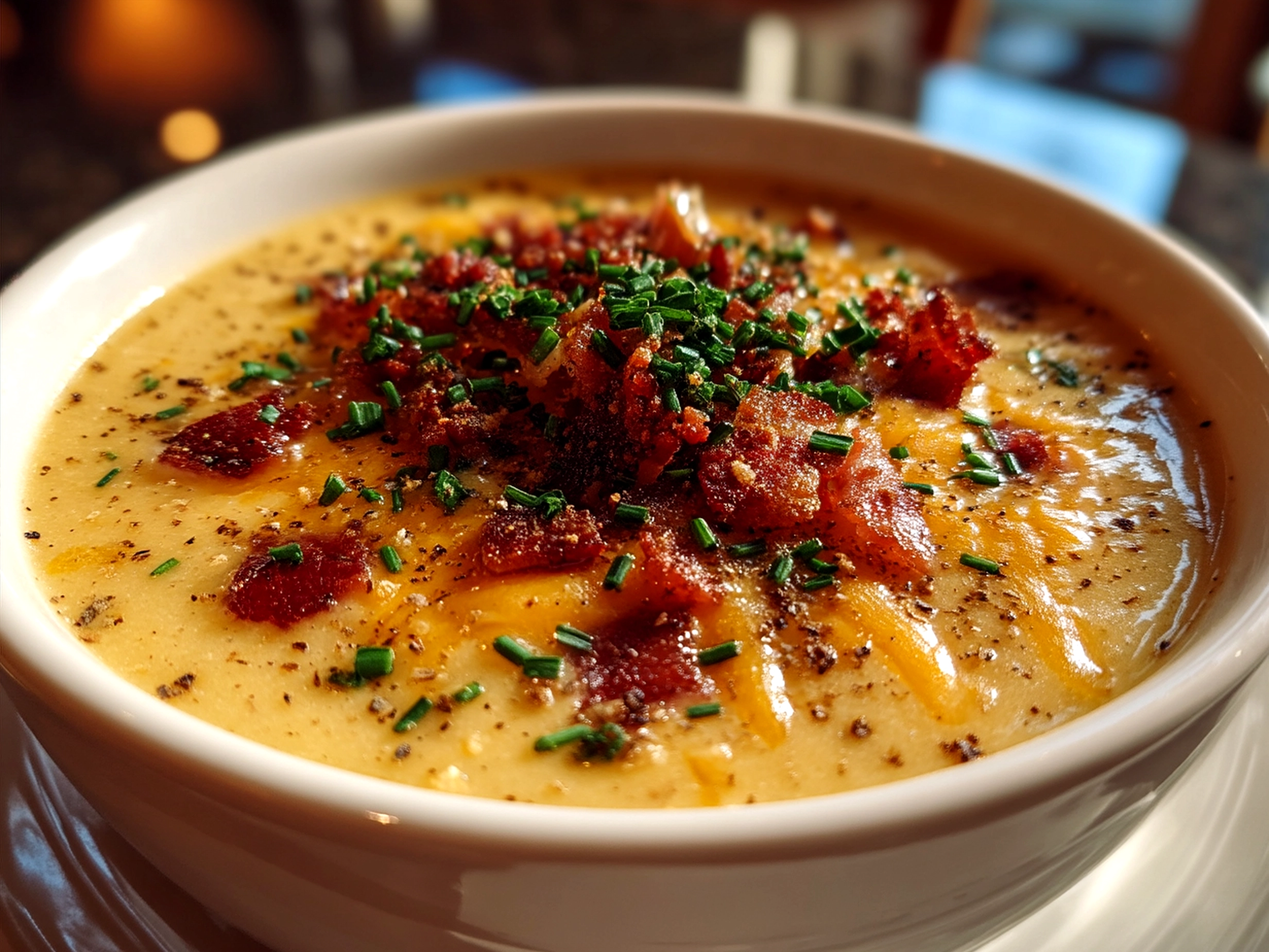 Bowl of creamy Loaded Potato Soup garnished with crispy bacon and chives
