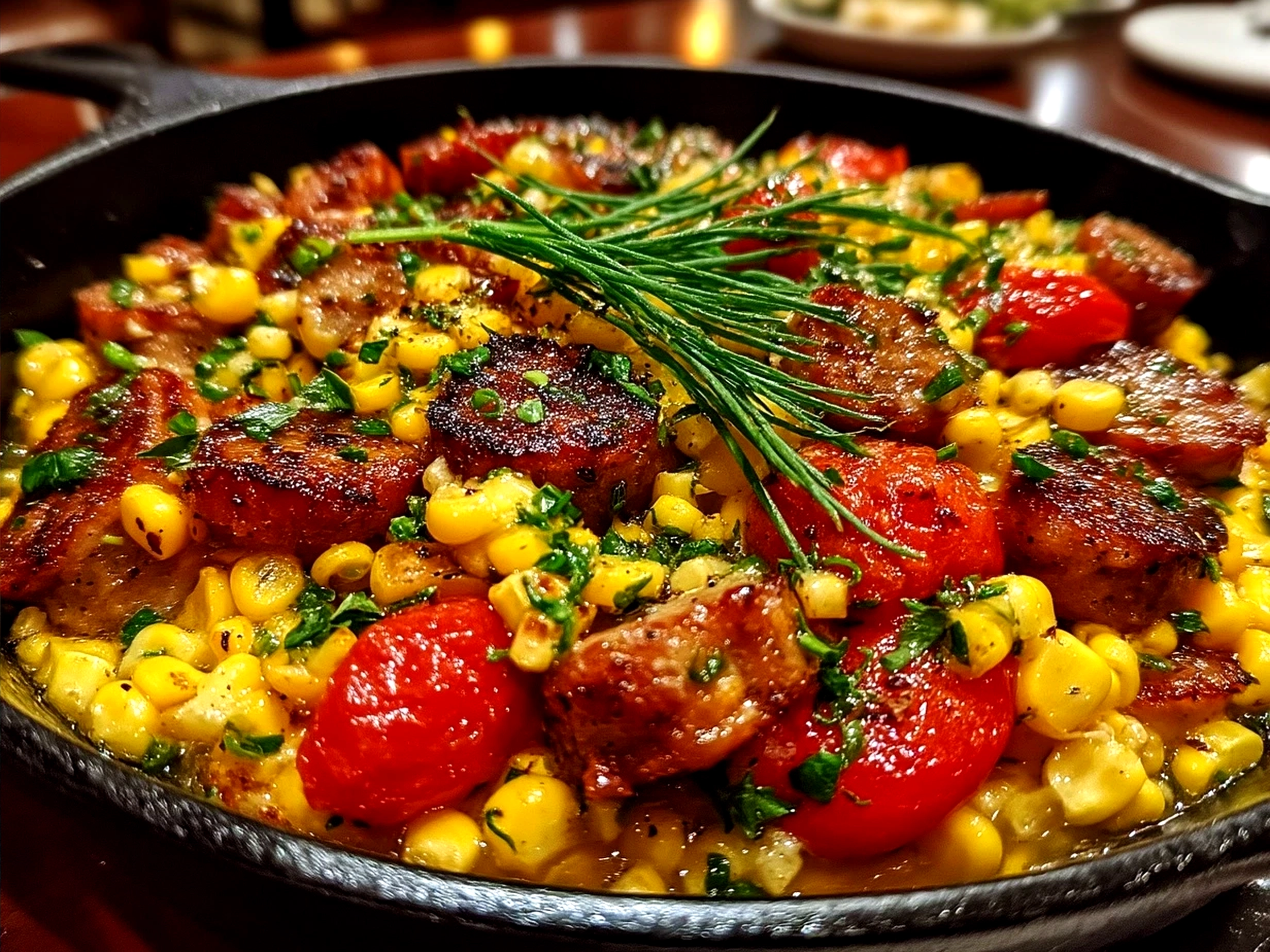 A plated serving of Maque Choux With Sausage Corn ready to eat