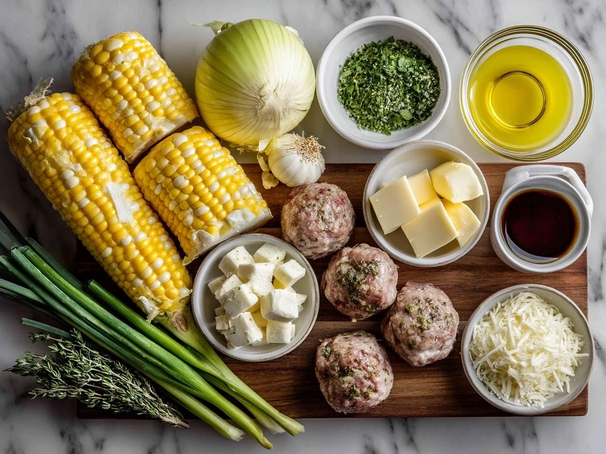 Ingredients for Maque Choux With Sausage Corn shown in bowls and on cutting board