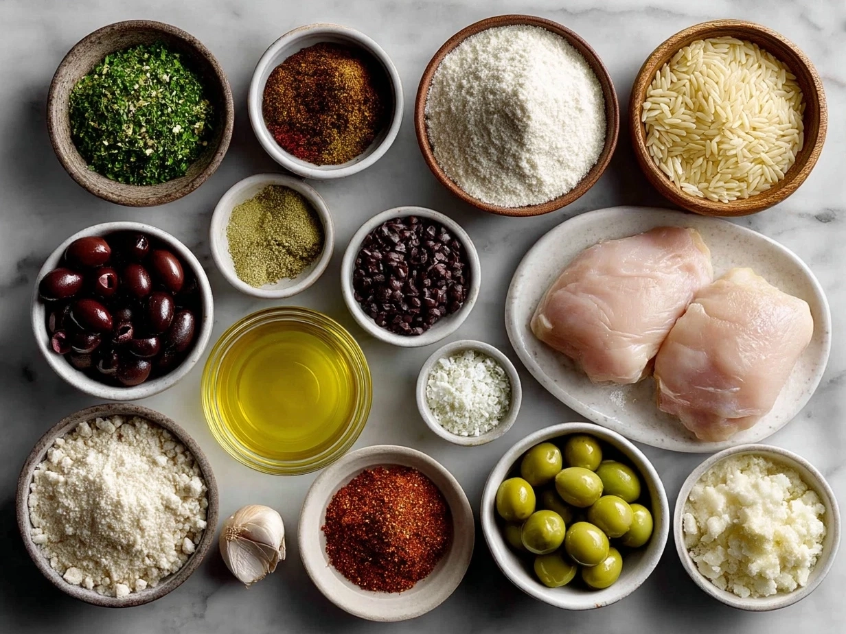 Ingredients for Mediterranean Chicken Orzo laid out on a wooden table